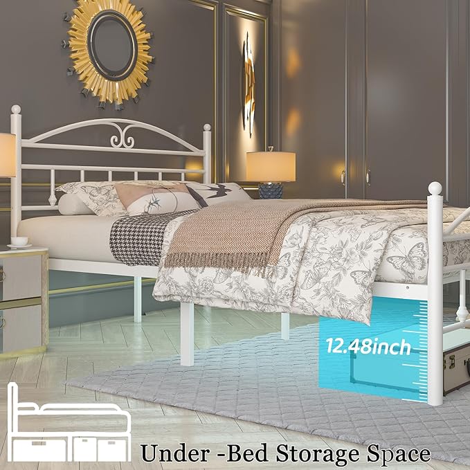12 Inch Full Size Bed Frame with Charging Station,White Metal Platform Bed Frame with LED Lights,Heavy Duty Metal Steel Slats Support,No Box Spring Needed,Noise Free,Easy to Assemble