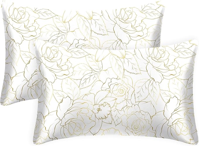 EXQ Home Satin Pillowcase for Hair and Skin Queen - Printed Rose on White Silk Pillowcase 2 Pack 20x30 inches - Satin Pillow Cases Set of 2 with Envelope Closure, Gifts for Women Men
