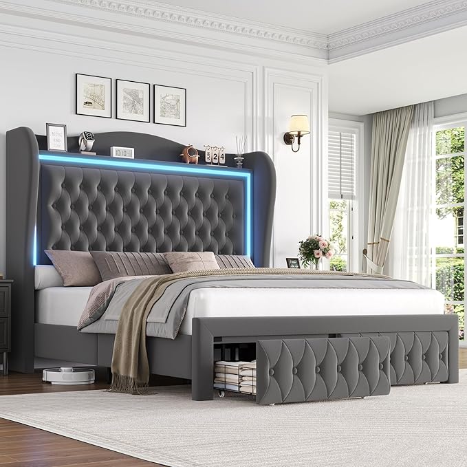 King Bed Frame 55" Tall Headboard with LED Lights, Buttons Tufted Velvet Upholstered Platform Bed Frame with 2 Storage Drawers, Wood Slats Support Mattress Foundation, No Box Spring Needed, Grey