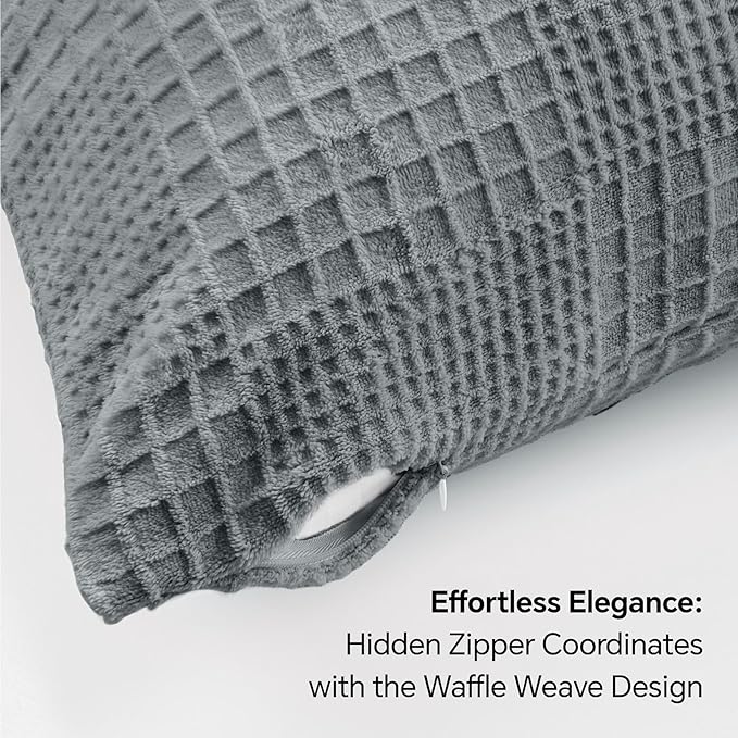 BEDELITE Flannel King Size Pillow Cases Set of 2, Decorative Waffle Weave Fleece Pillowcasess with Zipper for Bedroom, Sofa, Luxury Cozy Pillow Shams for All Seasons(20x40 Inches, Grey-Waffle)