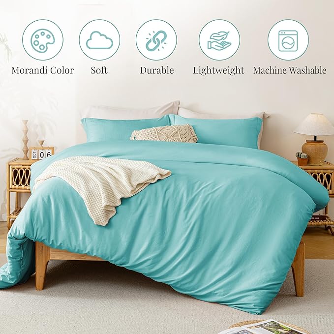 MILDLY Super Soft Duvet Cover - 100% Washed Microfiber Aqua Blue Comforter Cover Set 3 Pieces with Zipper Closure & Corner Ties (No Comforter)