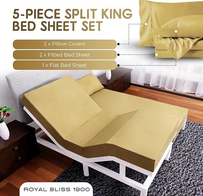 Split King Sheets Set with 2 Twin XL Fitted Sheet - 5 Piece Bedding - Wrinkle Free, Fade Resistant, Double Brushed Microfiber - Deep Pockets/Easy Fit - Mustard Yellow