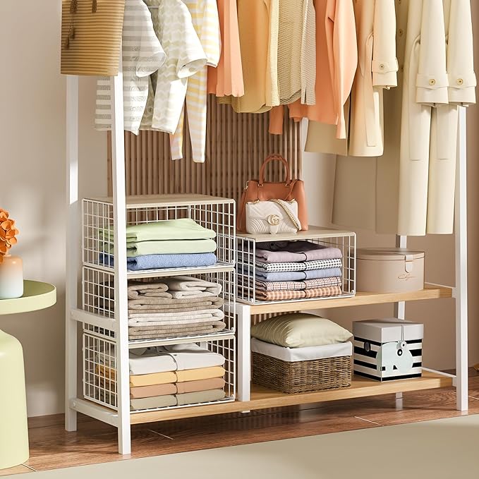 Extra-Long, Low-Profile Closet Organizers and Storage with Wood Top, 3 Pack Stackable Closet Shelf Organizer, Space-Saving Clothes Storage Bin for Wardrobe & Bedroom & Small Spaces, Sturdy (White)