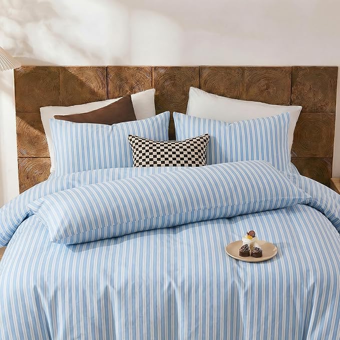Merryword Blue and White Striped Pillowcases, 100% Cotton Pillow Cases, Queen Size Pillowcases, Soft Breathable Ribbon Stripe Pillow Covers, Set of 2