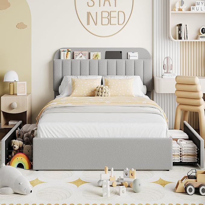 Garvee Full Size Bed Frame with 2 Flexible Drawers, Boucle Upholstered Platform Bed Frame with Bookcase Headboard, Bedframe for Kids/Boys, Easy Assembly, No Box Spring Needed, Noise Free, Grey