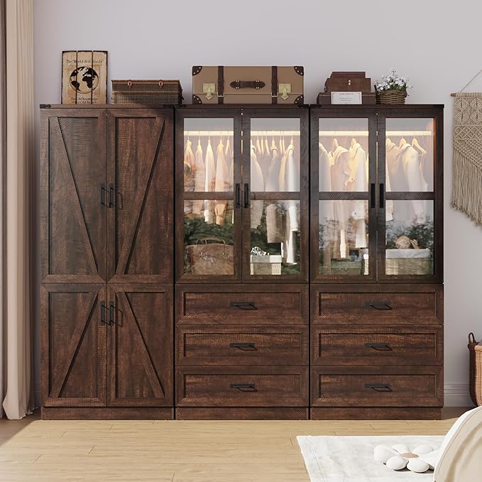 Hlivelood 75" Tall Farmhouse 6 Doors Armoire Wardrobe Closet with 6 Drawers and LED,Freestanding Closet Wardrobe Cabinet for Bedroom with Hanging Rod,Wooden Armoire Storage Cabinet(Brown 6 Doors 2)