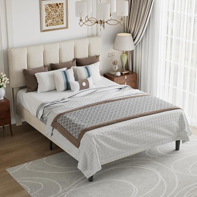 VECELO Full Size Bed Frame with Upholstered Headboard, Heavy-Duty Bedframe with Strong Wooden Slats Support, No Boxing Spring Needed, Pale Beige