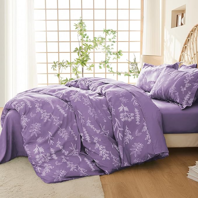MUXHOMO Duvet Cover King Size, Reversible Floral Grayish Purple Duvet Cover Set with Zipper Closure, 3 Pieces Botanical Patterns Soft Microfiber Bedding Set with 4 Ties (90"x104", 2 Pillow Cases)