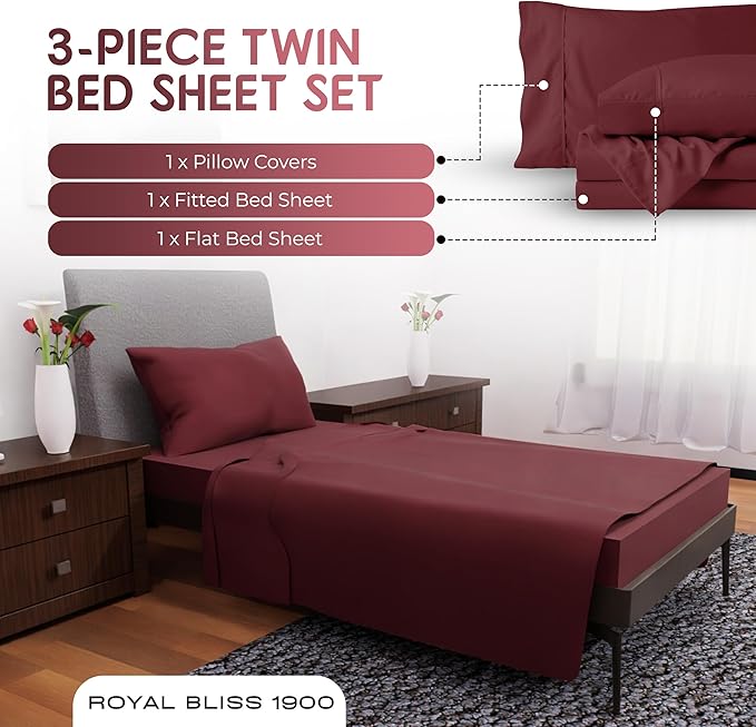 Twin Sheets Set -3 Pcs Set- Deep Pockets - Cooling Twin Bedding Sets - Soft and Comfortable Twin Bed Sheets - Twin Size Sheets Twin Sheet Set (Burgundy)