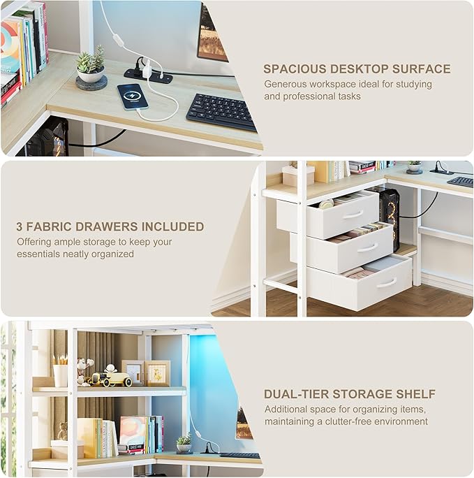 Garvee Twin Loft Bed with Desk and Stairs, Heavy Duty Loft Bed with RGB LED Lights, Charging Station, 3 Fabric Storage Drawers & 2 Open Shelves, No Box Spring Needed