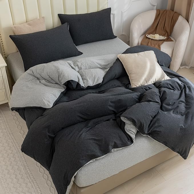 PURE ERA Jersey Knit Duvet Cover Set 100% T-Shirt Cotton Super Soft Comfy 3pc Bedding Set with Zipper Closure (Heather Charcoal Grey/Grey, King)