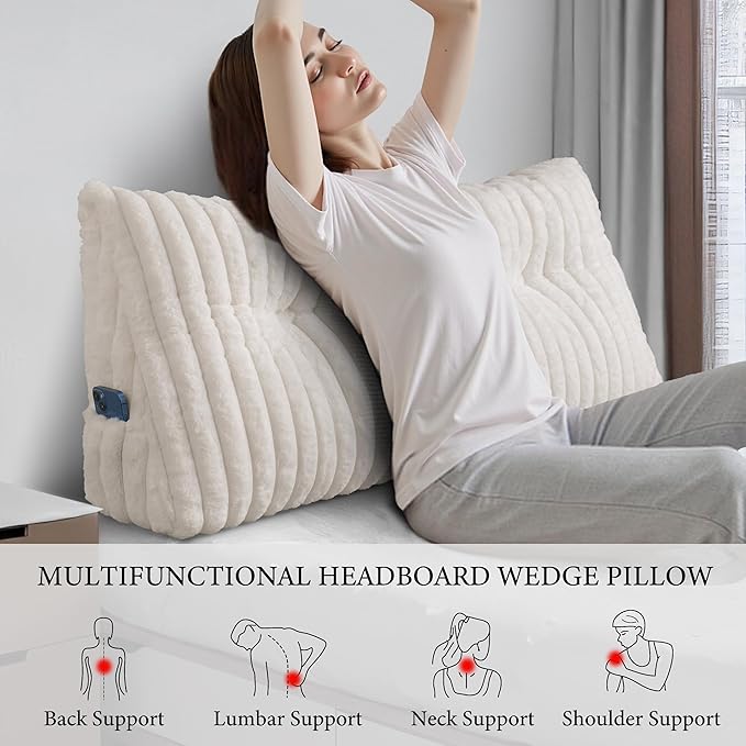 Headboard Pillow Queen, Triangular Wedge Pillow Headboard Queen, Cushion Headboards Reading Pillows, Backrest Pillows for Sitting in Bed or Working with Removable Cover, Beige