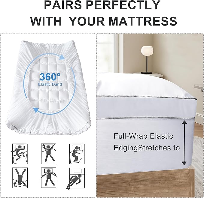 2~3In Mattress Topper King Size Breathable Filled Soft Fluffy Supportive for Back Pain Relief, Bed Mattress Pad Pillow Topper with Extra Thick Padded Protector for 8"-21" Deep Pocket