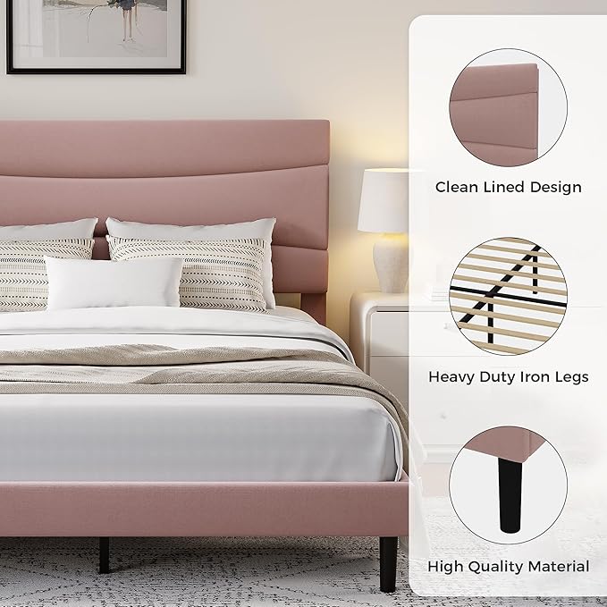 GarveeHome Queen Modern Upholstered Bed Frame with Soft Padded Headboard,Sturdy Metal Steel Slat Support, Noise-Free Quiet Design,Easy Assembly,Heavy Duty Stable Bed Frame(Pink)