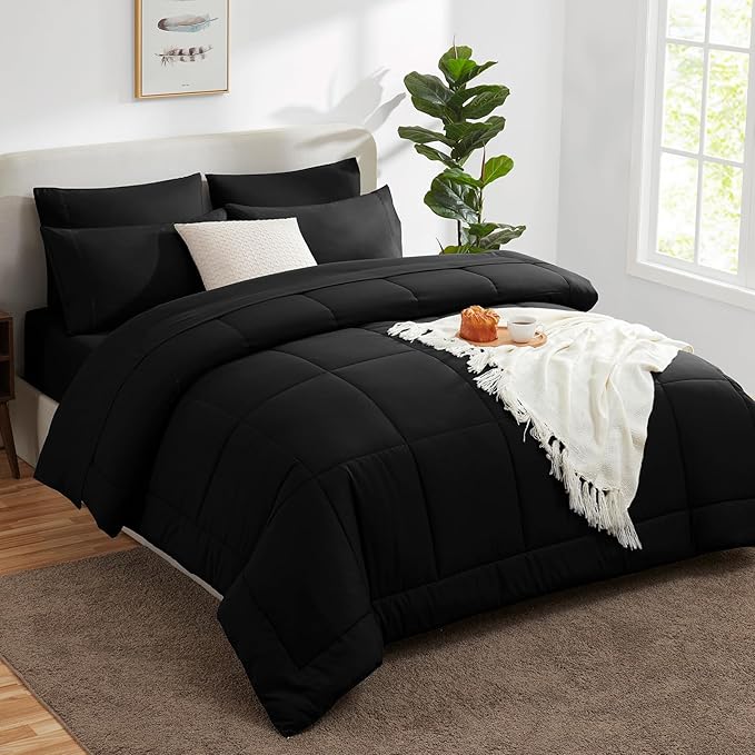 CozyLux Full Size Comforter Sets Black, 7 Pieces Bed in a Bag, Black Comforter Full Size, All Season Bedding Sets with Stitch Quilted Comforter, Flat Sheet, Fitted Sheet, Pillowcases