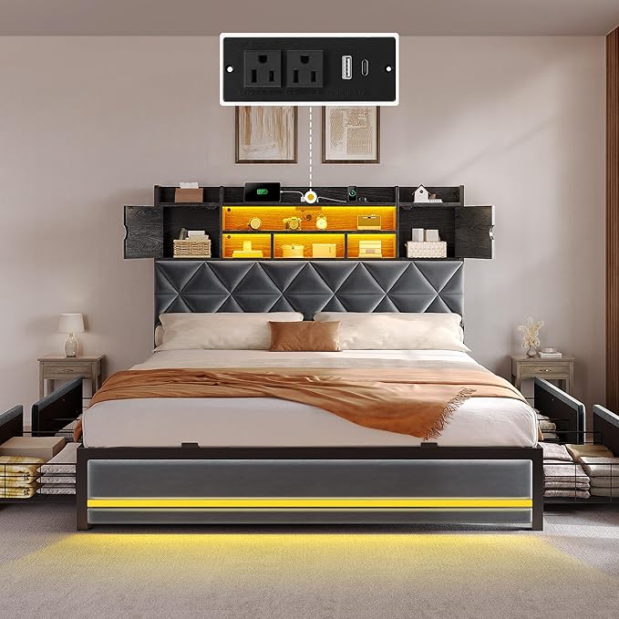 DWVO Queen Size Bed Frame with RGB LED Lights & Storage Bookcase Headboard, Upholstered Bed with Charging Station and 4 Drawers, No Box Spring Needed, Easy Assembly, Noise-Free, Velvet Grey