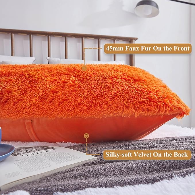 XeGe Shaggy Faux Fur Body Pillow Cover, Fluffy Long Bed Pillow Case with Zipper Closure, Soft Decorative Plush Furry Body Pillowcase, Fuzzy Hug Pillow for Kids Children Girls Women 20"x54", Orange