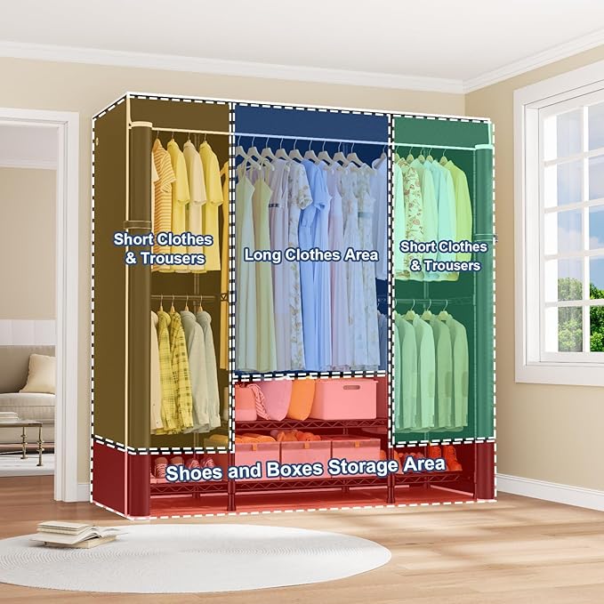 ULIFHOME E3C Heavy Duty Portable Closet Wardrobe with Fabric Cover, Freestanding Clothes Rack Holds up to 850 lbs, Metal Garment Rack Organizer for Clothing, 59.5" W x 16.5" D x 77.4" H, Black