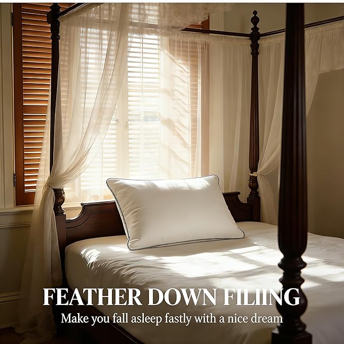 Luxury Down Feather Pillow Set of 2 - Queen/King Bed Pillows for Sleeping with Premium 100% Cotton Cover (Queen)