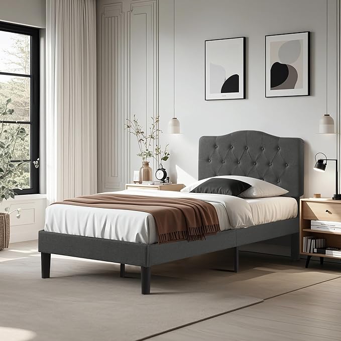VECELO Twin Size Platform Bed Frame with Fabric Upholstered Headboard and Wooden Slats Support, No Box Spring Needed/Easy Assembly,Dark Grey