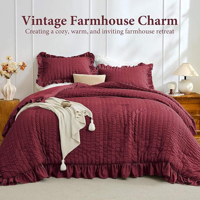 JOLLYVOGUE Queen Comforter Set, 3 Pieces Burgundy Seersucker Comforters Queen Size, Lightweight & Fluffy Bedding Sets for All Season with 1 Ruffle Comforter and 2 Ruffle Pillowshams