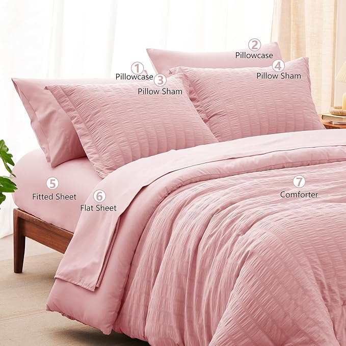 CozyLux Full Size Comforter Sets with Sheets 7 Pieces, Pink Seersucker Bed in a Bag Textured Luxury Soft Bedding Set with Down Alternative Comforter, Sheets, Pillowcases & Shams for All Season