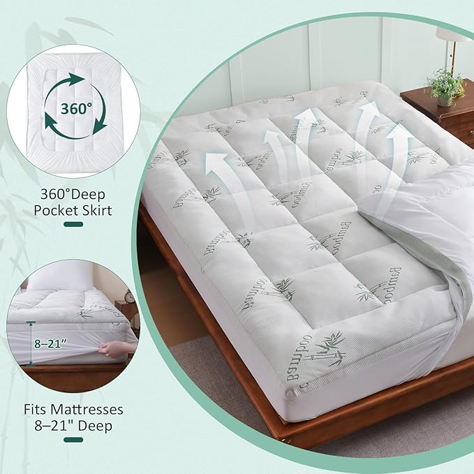 DOWNCOOL Memory Foam Mattress Topper Full, Cooling Pillow Top Mattress Pad with Viscose Derived from Bamboo, Back Pain Relief, Deep Pocket Fits 8–21 Inch