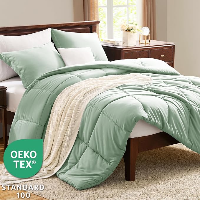 CozyLux King Size Comforter Set - 270GSM Sage Green Bedding Sets for All Seasons Size, 3 Pieces Box Stitched Bed Set with 1 Down Alternative Comforter and 2 Pillow Shams, Soft, Lightweight, Durable