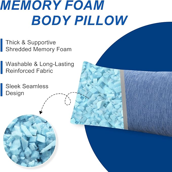 Hiasan Cooling Body Pillow for Adults, Long Memory Foam Body Pillow - Full Size Support for Side Sleepers & Pregnancy, Back Pain Relief, 20x60 Inches, Blue