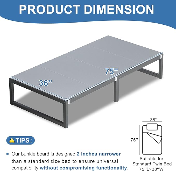 Lutown-Teen Bunkie Board Twin Under Mattress High-Density Polymer Twin Size Bunkie Board Anti-Sag, Breathable, Moisture Resistant, Noise Minimizing, Gray