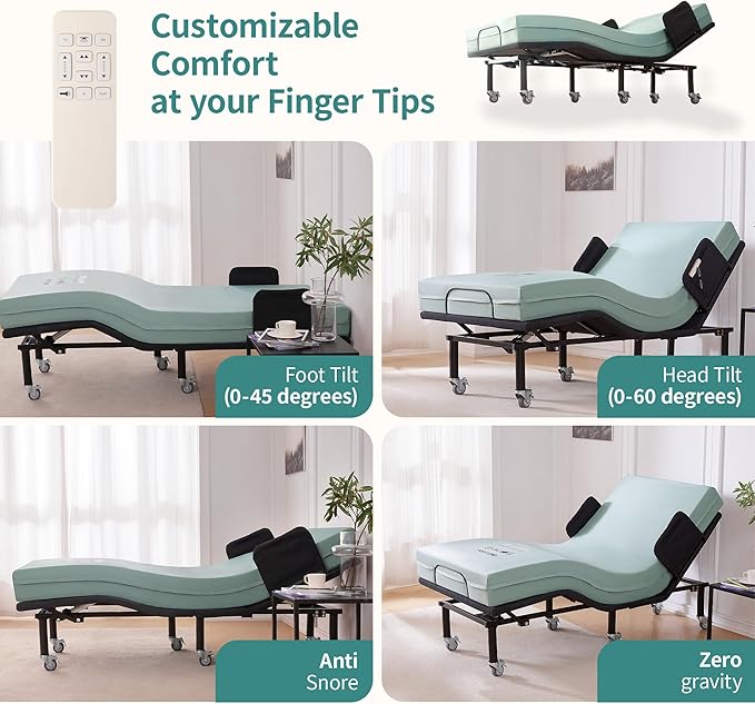 Twin XL Adjustable Bed Frame with Side Rails for Elderly Adults - Adjustable Bed with Mattress - 6" Convoluted Mattress, Wireless Remote, UnderBed Light, Brake Wheel Legs Zero Gravity Bed
