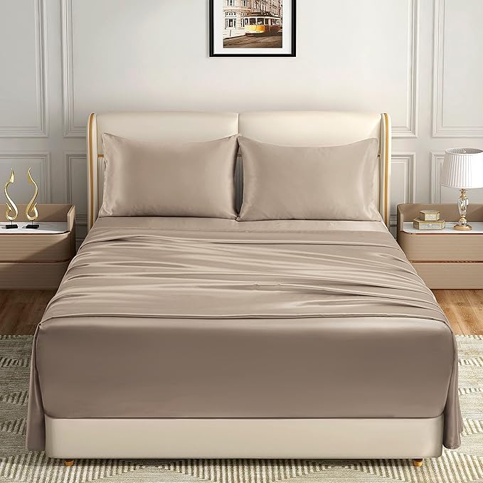Homiest 4pcs Extra Deep Pocket Satin Sheets Queen Size Bed Set, 18-24 Inch Deep Pocket, Taupe Satin Sheet Set Fits Ultra Deep Mattress