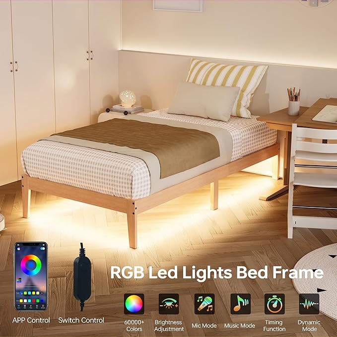 Tyndall Twin Size Bed Frame with LED Lights, 12 Inch Natural Finish Solid Wood Platform Bed Frame with Wooden Slats Support, No Box Spring Needed, Noise Free, Easy Assembly