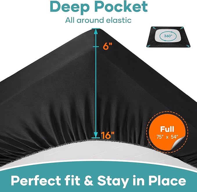 OhGeni 100% Waterproof Mattress Protector, Full Black Size, Fitted Sheet with Deep Pockets, 6''-18'', Premium Noiseless Breathable Soft Material, Mattresses Cover for Bed