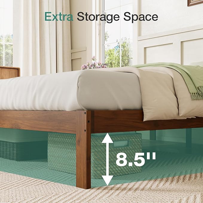 Novilla 12 Inch Queen Bed Frame, Classic Solid Wooden Platform Bed Frame Queen Size, Queen Size Bed Frame Without Headboard, Sturdy Wood Slat Support, No Box Spring Needed, Easy Assembly, Walnut