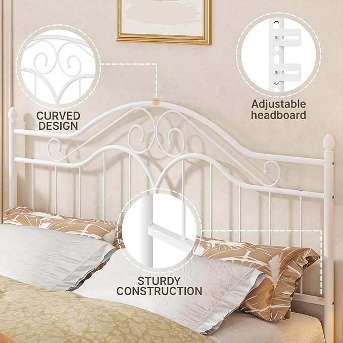 Elephance Headboard for King Size Bed Frame, Vintage Platform Bed Metal Headboard Only, Height Adjustable, Sturdy and Stable, King Size, Easy Assembly, White