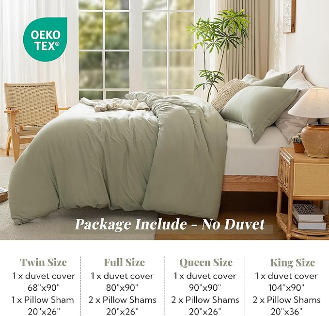 MILDLY Super Soft Duvet Cover - 100% Washed Microfiber October Mist Sage Comforter Cover Set 3 Pieces with Zipper Closure & Corner Ties (No Comforter)