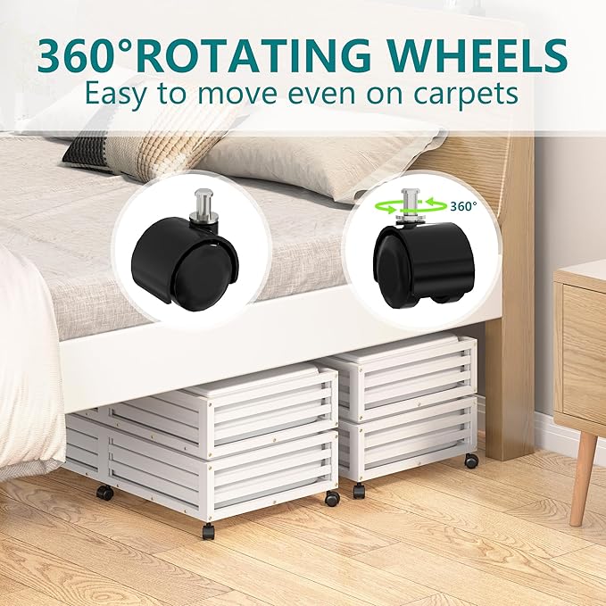 Wisuce Bamboo Under Bed Storage Containers- Underbed Organizer with Wheels with Dust Bag,Sturdy Wood Rolling Under the Bed Shoe Storage Organizer Drawers (White, 2 Pack (33.07"×16.54"))