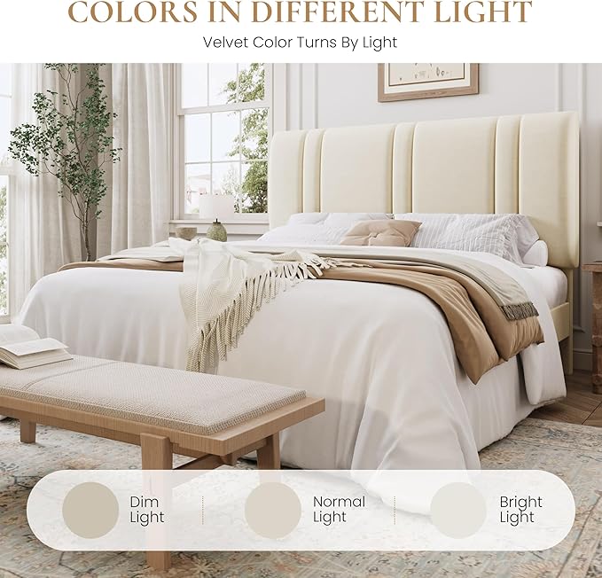 SHA CERLIN Queen Size Platform Bed Frame, Velvet Upholstered Bed with Adjustable Headboard, Vertical Channel Tufted Design, Sturdy Wood Slat Support, No Box Spring Needed, Easy Assembly, Cream White