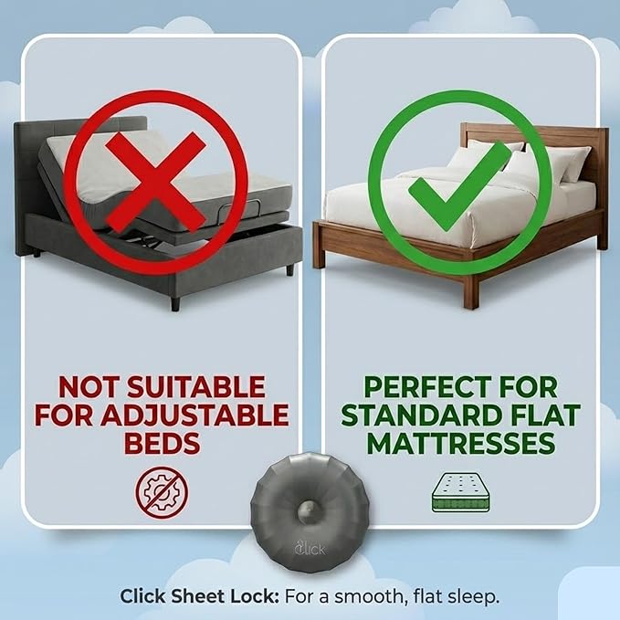 Click Bed Sheet Holder - No Lift Mattress Sheet Clips & Strap for Queen King Size Beds, Sheet Keepers to Keep Sheets on Bed, Heavy Duty Bedsheet Lock Fasteners to Hold Sheets in Place Firm & Tight