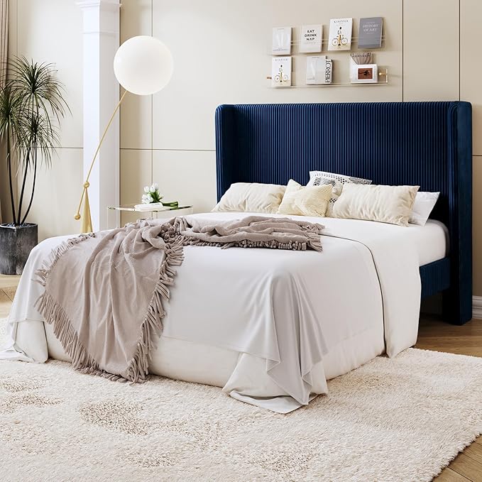 SHA CERLIN Full Size Corduroy Upholstered Platform Bed Frame with Vertical Channel Tufted Wingback Headboard, 8" Under Bed Storage, Wooden Slats & Metal Frame Support, Easy Assembly, Dark Blue