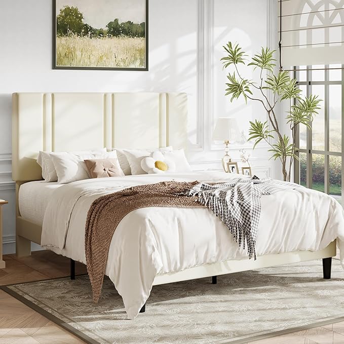 Allewie Full Size Platform Bed Frame with Adjustable Headboard, Plush Velvet Upholstered, Vertical Channel Tufted, Sturdy Wooden Slats, No Box Spring Needed, Easy Assembly, Cream