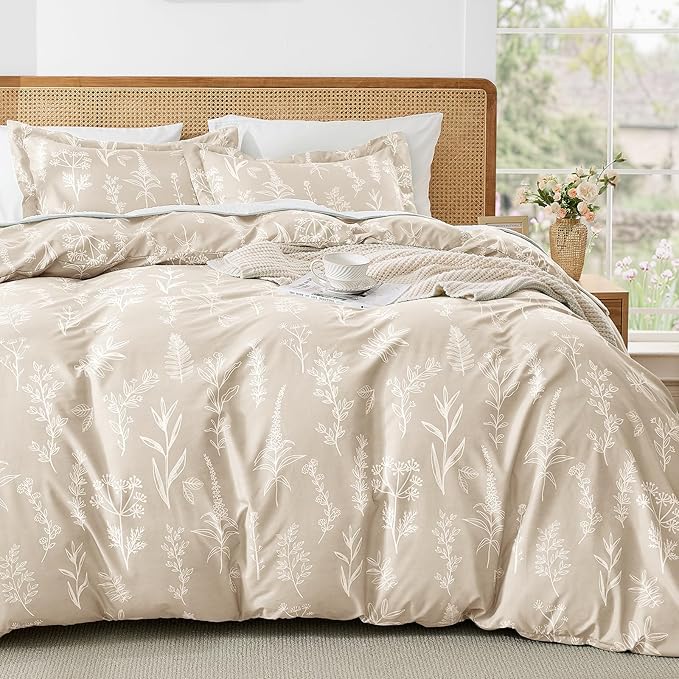 MUXHOMO Duvet Cover Full Size, Reversible Floral Beige Duvet Cover Set with Zipper Closure, 3 Pieces Botanical Patterns Soft Microfiber Bedding Set with 4 Ties (80"x90", 2 Pillow Cases)