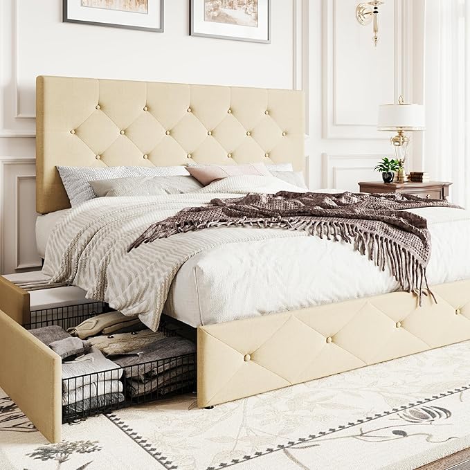 SHA CERLIN Upholstered Full Size Platform Bed Frame with 4 Storage Drawers, Adjustable Headboard with Diamond Stitched Button Tufted Design, Wooden Slat Support, No Box Spring Needed, Beige