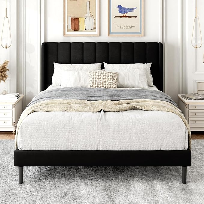 Gruwans Full Size Bed Frame with Upholstered Wingback Headboard, Easy Assemnly Platform Bed, Wooden Slat Support No Box Spring Needed, Black