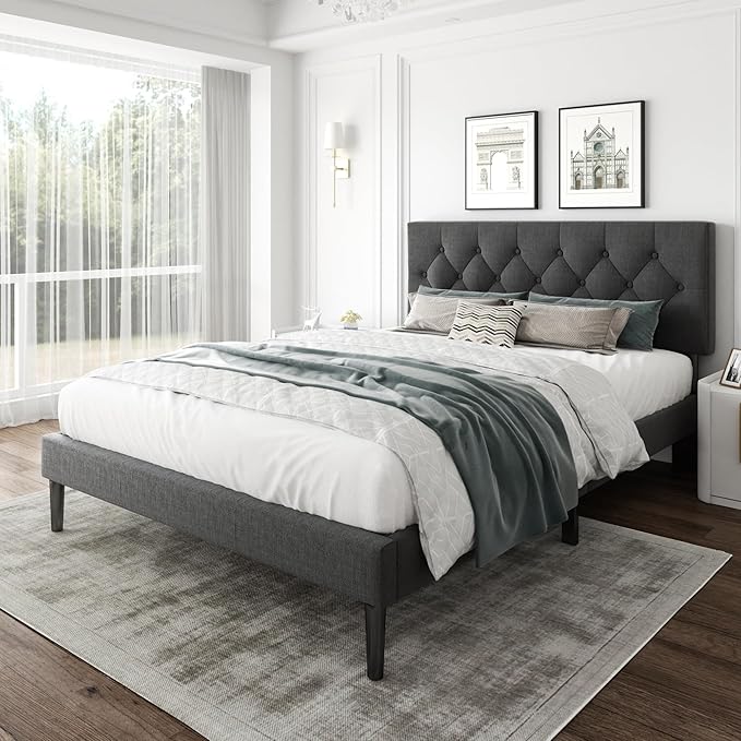 CXVX Queen Size Platform Bed Frame with Upholstered Headboard, Button Tufted Design, Strong Wooden Slats, No Box Spring Needed, Easy Assembly, Noise Free