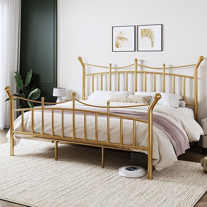 Allewie 14 Inches King Size Metal Platform Bed Frame with Elegant Crown Iron-Art Headboard & Footboard, Sturdy Mattress Foundation with Under-Bed Storage, Easy Assembly, No Box Spring Needed, Gold