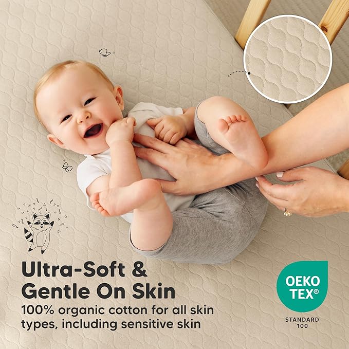 2-Pack Waterproof Crib Mattress Protector Cover Fitted - Quiet Baby Crib Mattress Pad Sheets, 52" x 28" Soft Quilted Cotton Baby Sheet, Machine Washable, Easy Fit, Durable (Oat/Mavy)