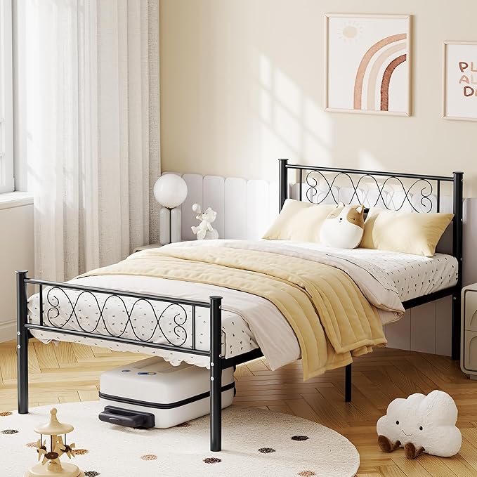 GarveeHome Twin-XL SizeMetal Bed Frame with Headboard & Footboard 13.7 Inch Metal Platform Mattress Foundation Support with Strong Metal Slats, Under Bed Storage, No Box Spring Needed