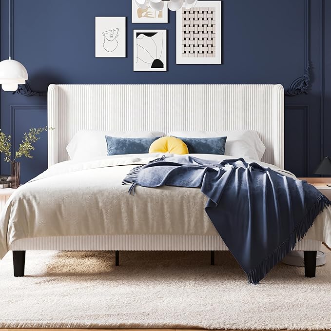 Allewie King Size Bed Frame with Upholstered Wingback Headboard, Vertical Channel Tufted Corduroy Velvet Platform Bed, Strong Wooden Slats Support, No Box Spring Needed，Easy Assembly, No Squeak, White
